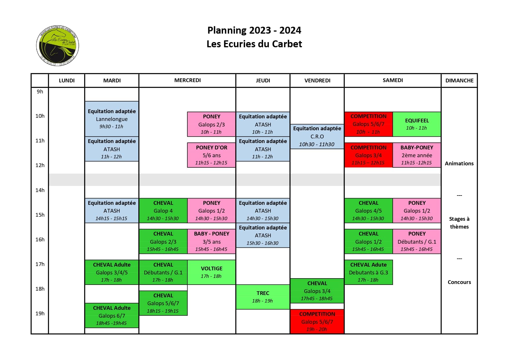 Planning écuries du carbet 2023 2024