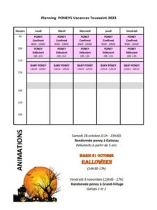 Planning poney vacances de la toussaint 2023- Les écuries du Carbet