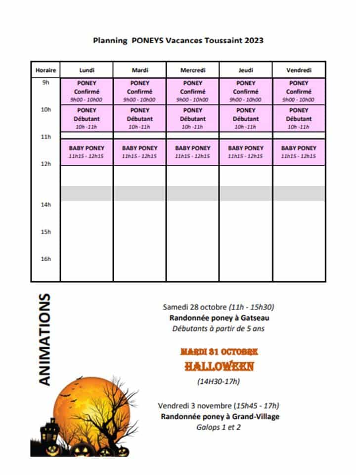 Planning poney vacances de la toussaint 2023- Les écuries du Carbet